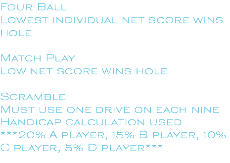Four Ball Lowest individual net score wins hole Match Play Low net score wins hole Scramble Must use one drive on each nine Handicap calculation used ***20% A player, 15% B player, 10% C player, 5% D player***