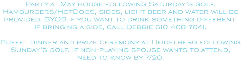 Party at May house following Saturday’s golf. Hamburgers/HotDogs, sides, light beer and water will be provided. BYOB if you want to drink something different. If bringing a side, call Debbie 610-468-7641. Buffet dinner and prize ceremony at Heidelberg following Sunday’s golf. If non-playing spouse wants to attend, need to know by 7/20.